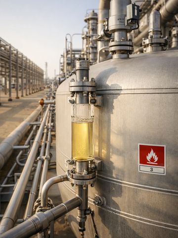 Industrial pipeline with yellow liquid and flammable warning sign.