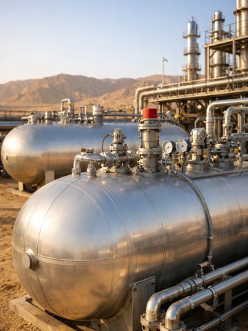 Large stainless steel tanks with pipes and gauges in an industrial facility outdoors.