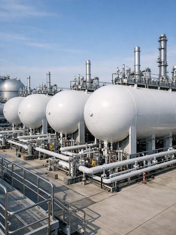 Industrial spherical storage tanks and piping at a chemical plant under clear sky.