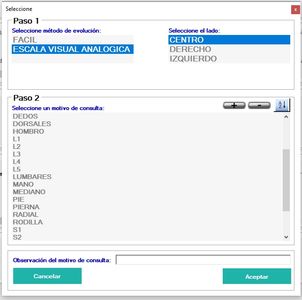 Puede seleccionar el motivo de consulta, por ejemplo hombro, mano, lumbares, S1, rodilla,... y su lado
