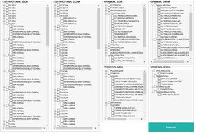 Esquema de las diferentes lesiones de osteopatía configuradas en el módulo osteopático del software FisioDiagnostic