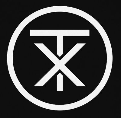 White geometric logo with letters T and X inside a circle on black background.