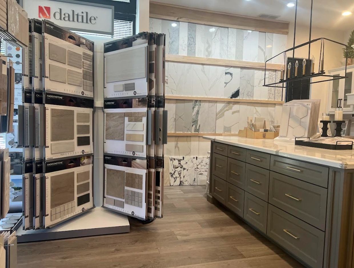 A tile showroom with samples and cabinets