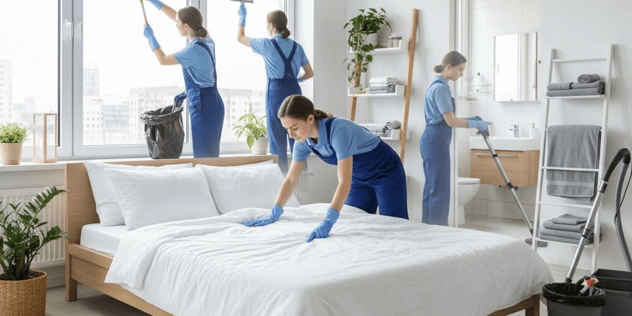 A cleaning professional performing various cleaning tasks in a bedroom and bathroom.