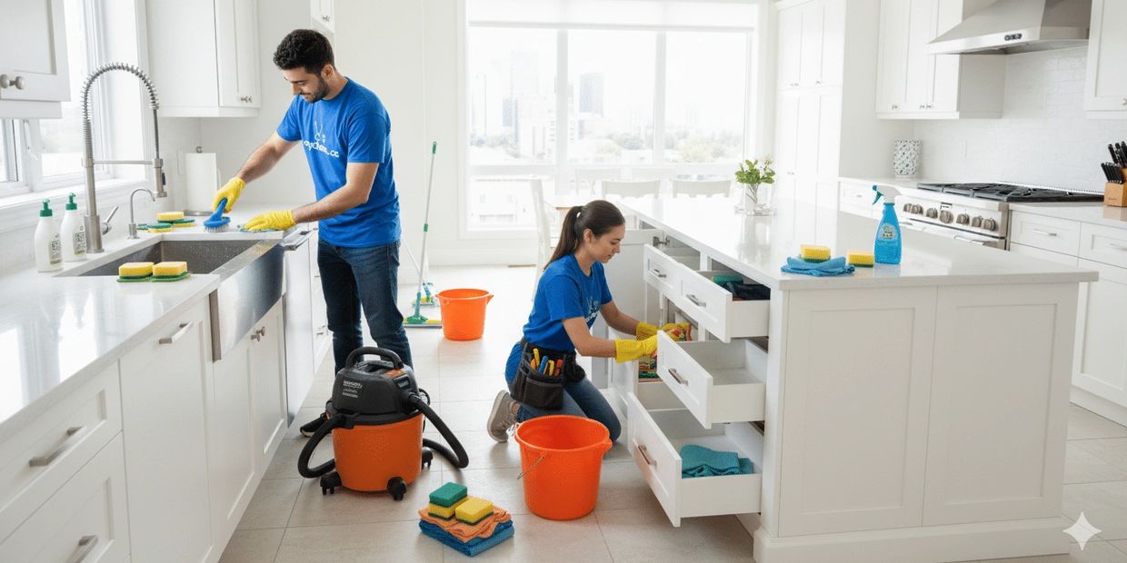 Two people cleaning a bright modern kitchen with tools and supplies.