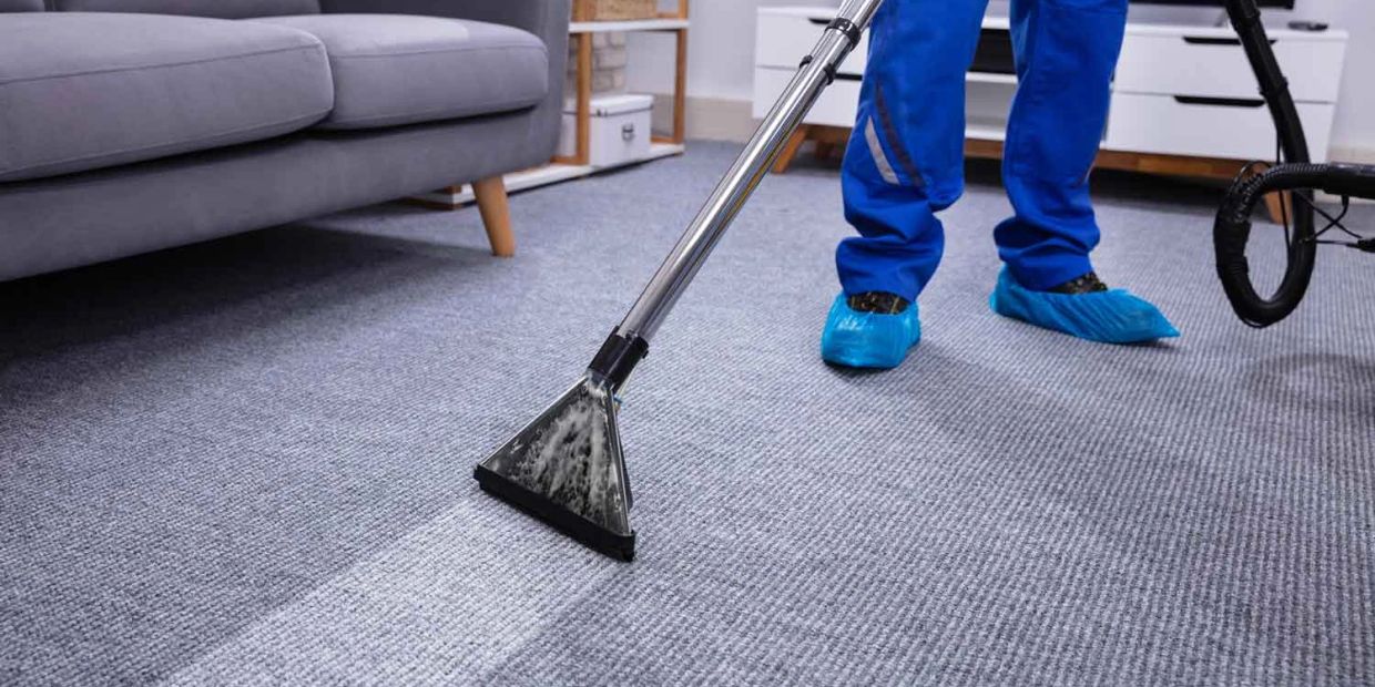 Professional carpet cleaning showing a clean strip on gray carpet.