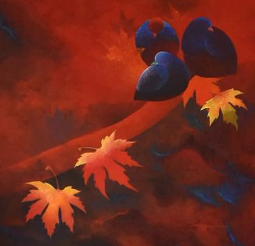 Artistic depiction of autumn leaves and blue birds on a warm, red background.