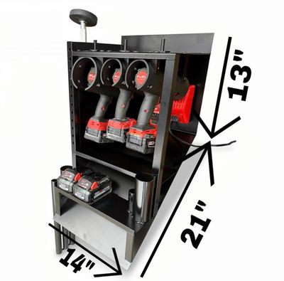 Compact black tool organizer for cordless drills with battery storage and dimensions shown.