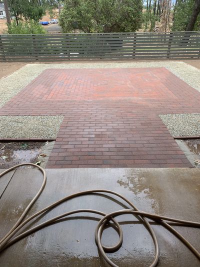 Wet patio with brick walkway and garden hose in a backyard.