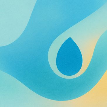 Abstract blue and yellow fluid shapes with a central teardrop form.