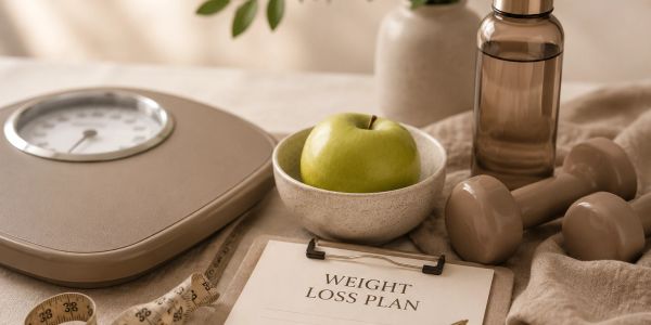 Weight loss essentials including scale, dumbbells, and a green apple.