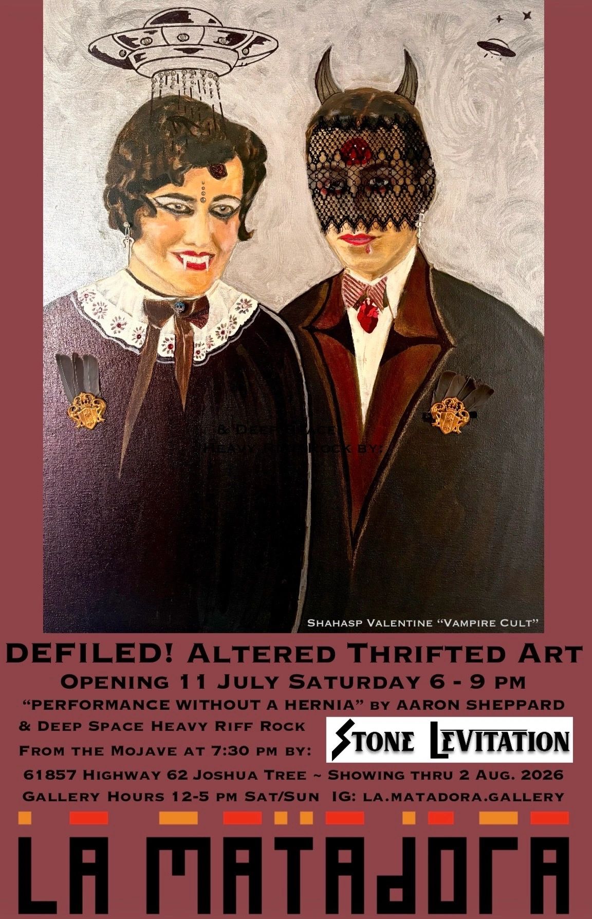 Painting of couple with vampire and devil themes, UFOs above.