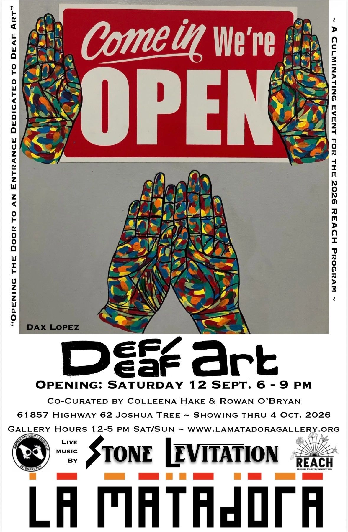 Def/Deaf Art opening event poster with colorful hands and sign language imagery.