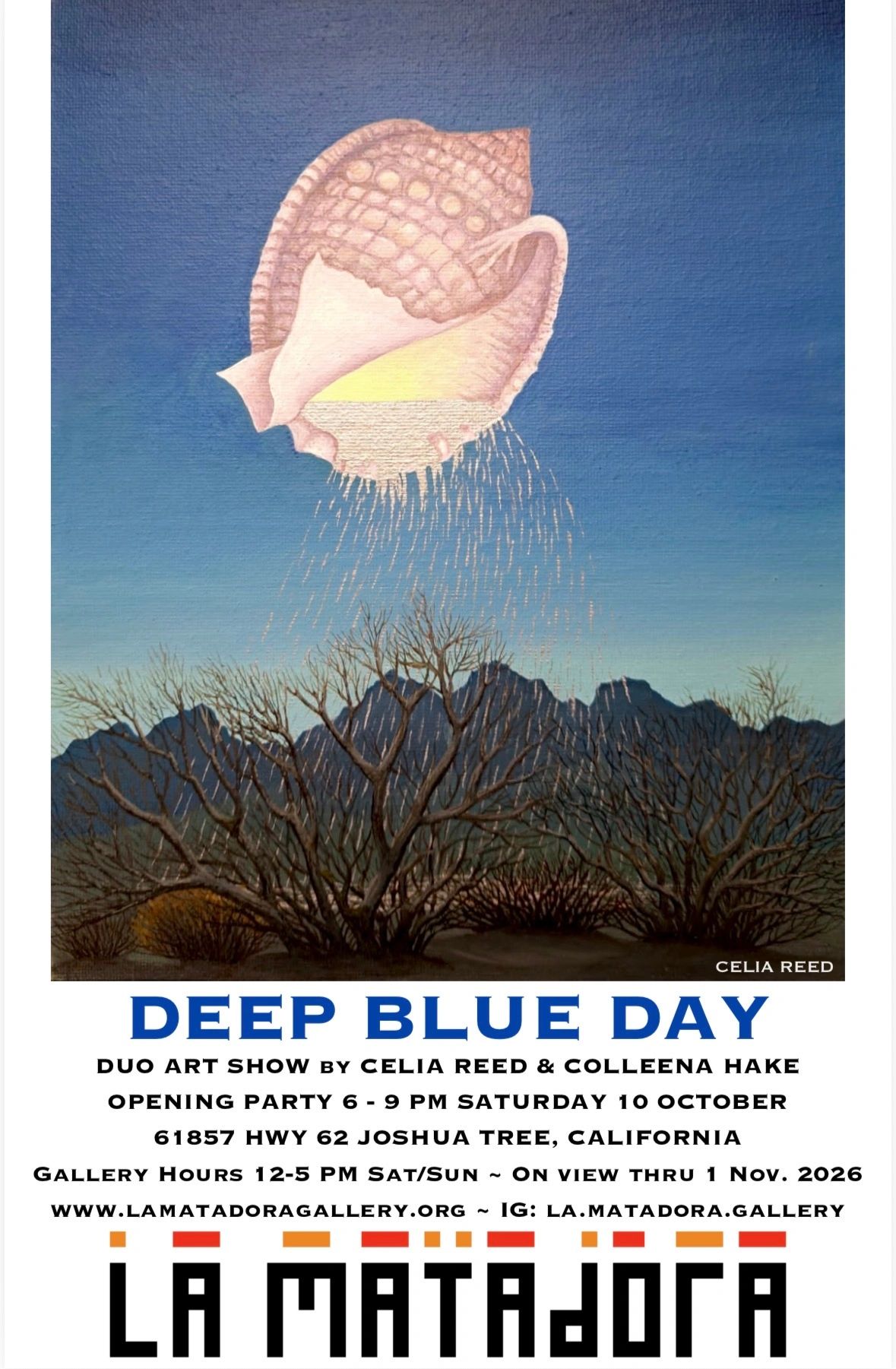 Surreal art of a shell raining on trees with event details.
