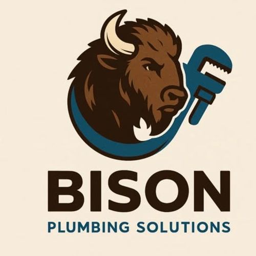 Logo featuring a bison head and a pipe wrench for a plumbing company.