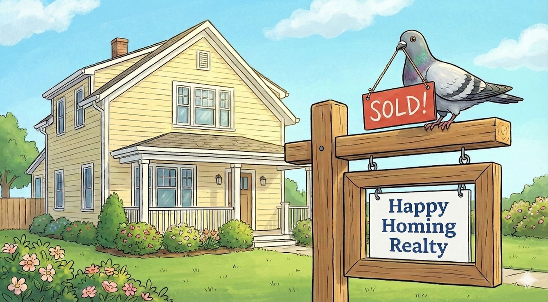A pigeon holds a sold sign on a Happy Homing Realty sign in front of a cozy yellow house.