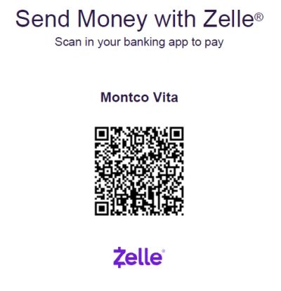 Zelle QR code for sending money to Montco Vita via banking app.