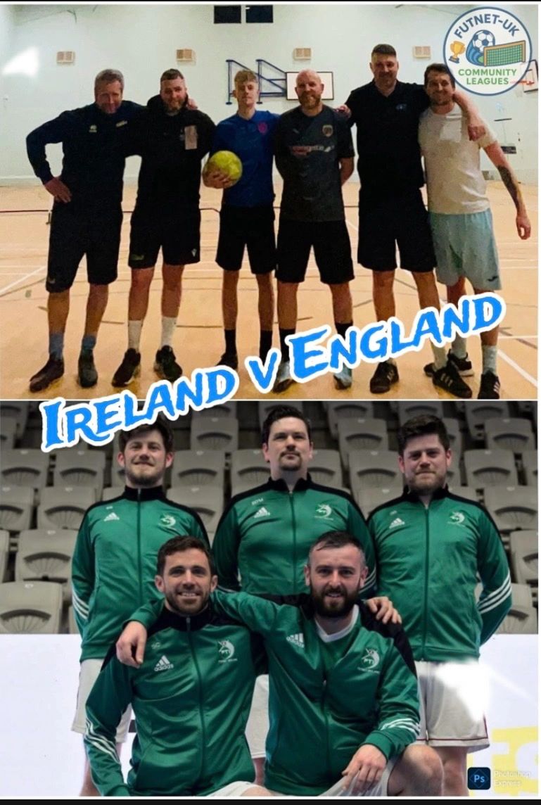 Two futsal teams from Ireland and England posing for a group photo before a match.
