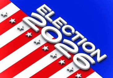 Bold 2026 election text over patriotic red, white, and blue background with stars.