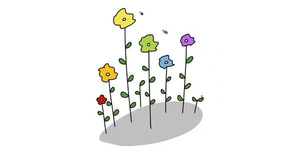 Colorful hand-drawn flowers with bees around them on a white background.