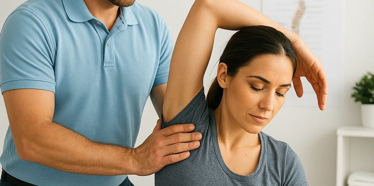 Physical therapist helping woman stretch her shoulder and back muscles.