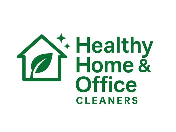 Logo for Healthy Home &amp; Office Cleaners with a green house and leaf design.