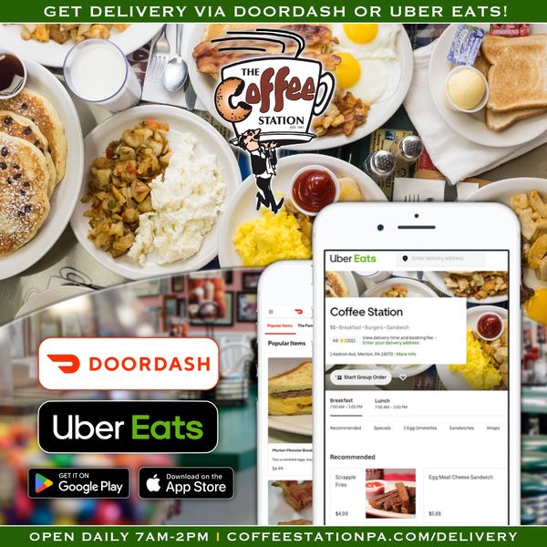 Coffee Station offers delivery via DoorDash and Uber Eats with breakfast and more.