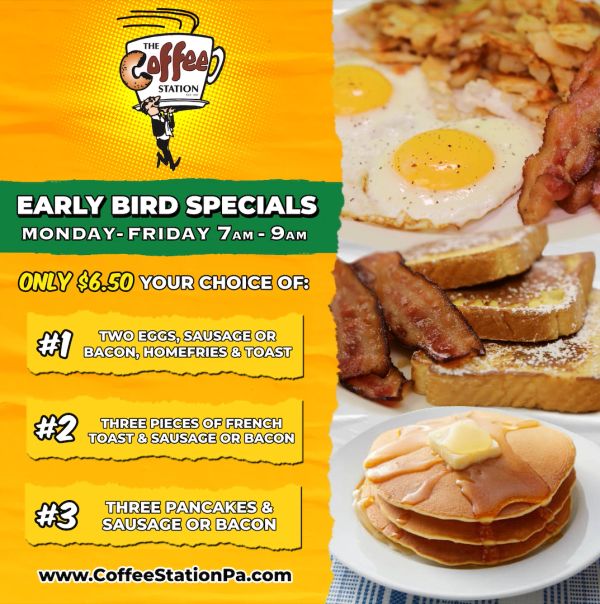 Early bird breakfast specials with eggs, bacon, toast, pancakes, and sausage for $6.50.