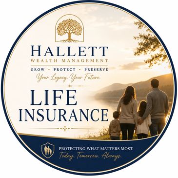 Hallett Wealth Management life insurance advertisement with family and sunset.