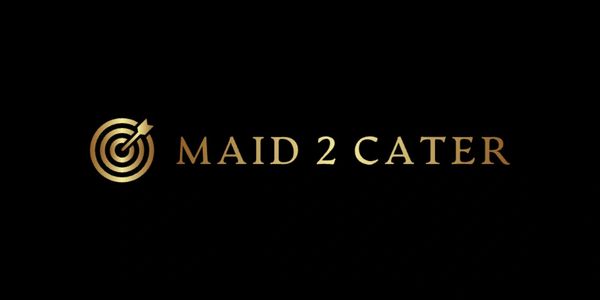 Elegant gold logo with target and arrow, text Maid 2 Cater on black background.