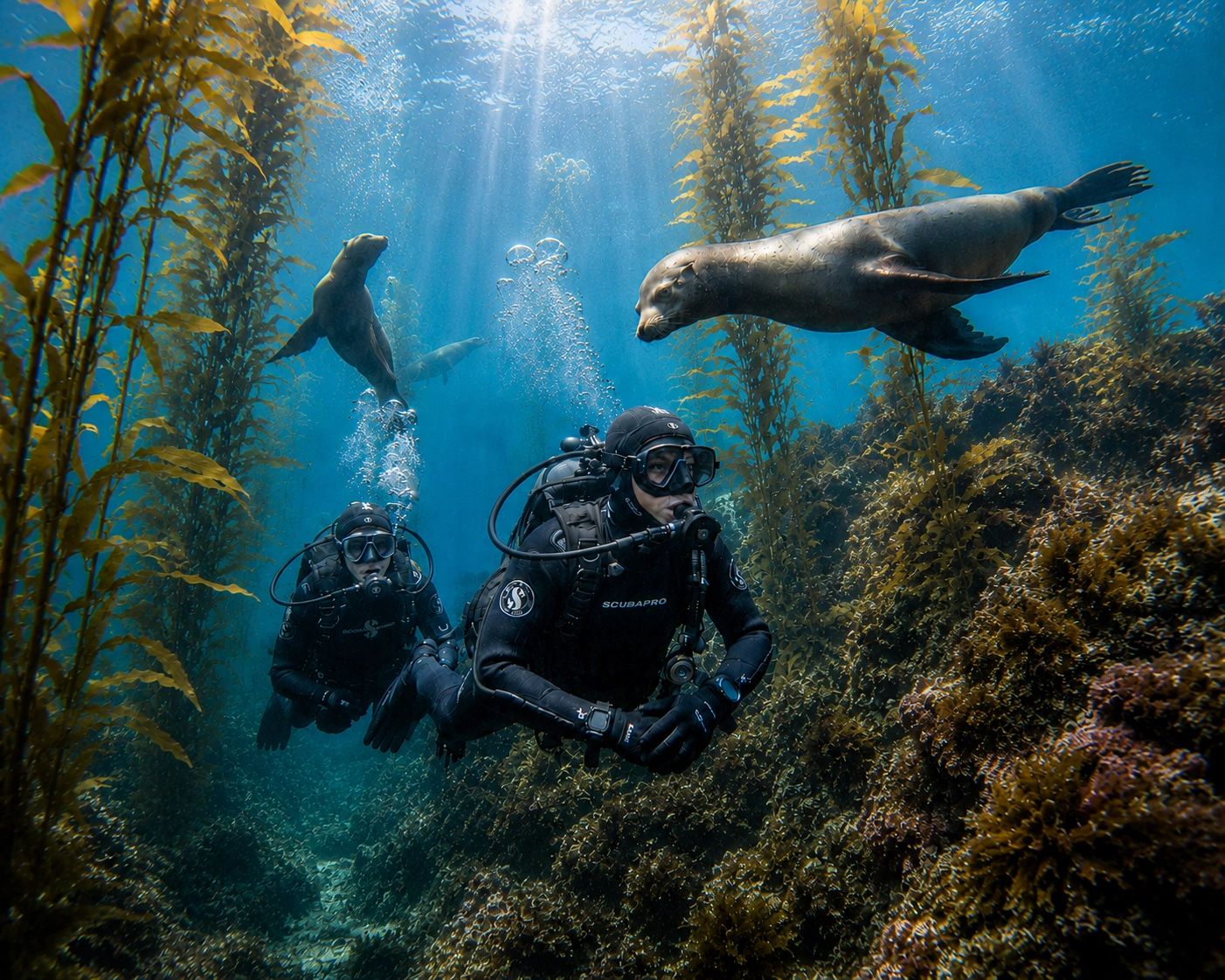 Two scuba divers encounter sea lions in a sunlit kelp forest underwater.