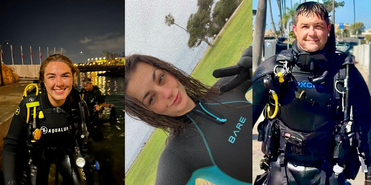 Three people in wetsuits preparing for scuba diving by water and on land.