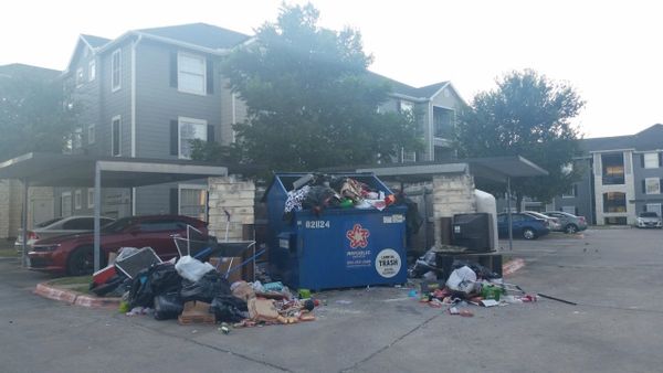 Photo of a pile of trash next to dumpster.