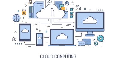 Illustration of cloud computing connecting various devices and data.