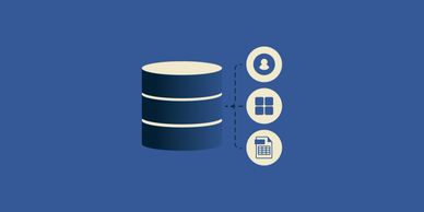 Illustration of a database connecting to user, window, and document icons.