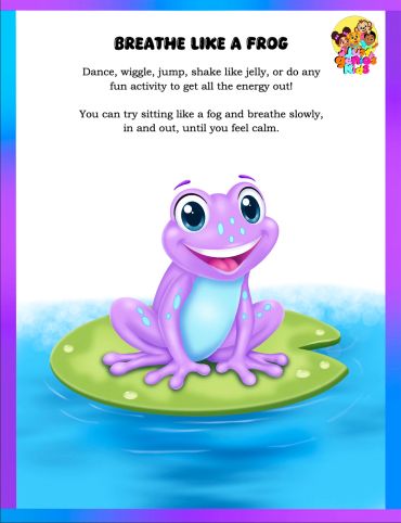 A cartoon frog on a lily pad with breathing exercise instructions.