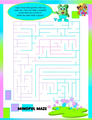 Colorful mindful maze puzzle with a cartoon character.