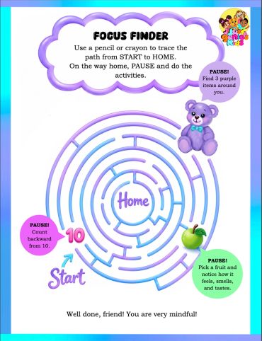 Focus Finder maze activity with colorful instructions and images.
