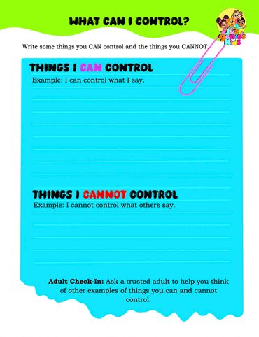 Worksheet for children to list things they can and cannot control.
