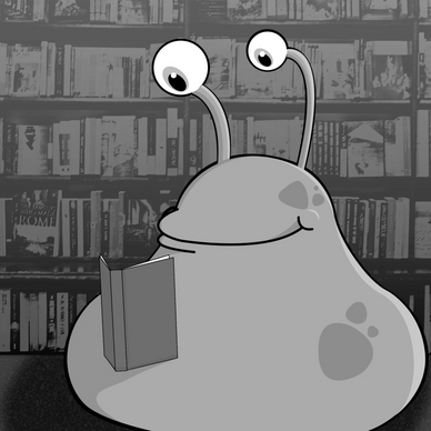 an illustration of a blob-like monster with two eye stalks reading a book in front of bookshelves