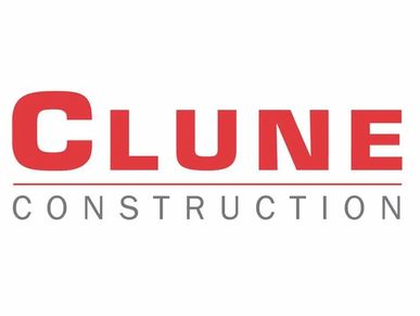 Clune Construction logo with red and gray text.