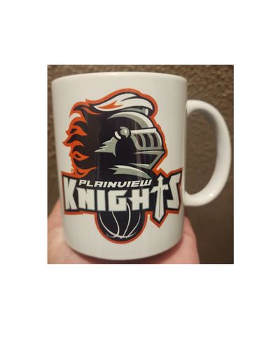 White ceramic coffiee mug with the Plainview Knights logo.  12-14 oz.