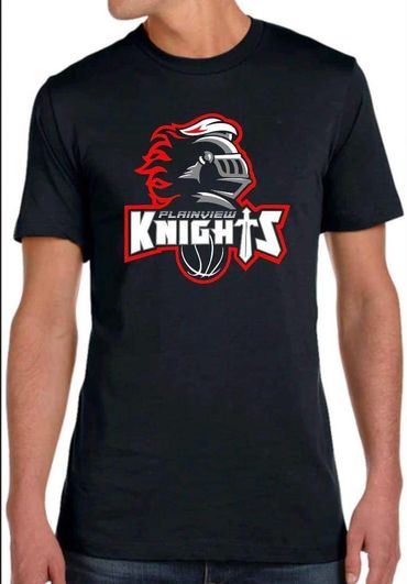 Black t-shirt with Knight full color logo on front.  #TRUSTINUS on back of t-shirt. 
 Cotton.