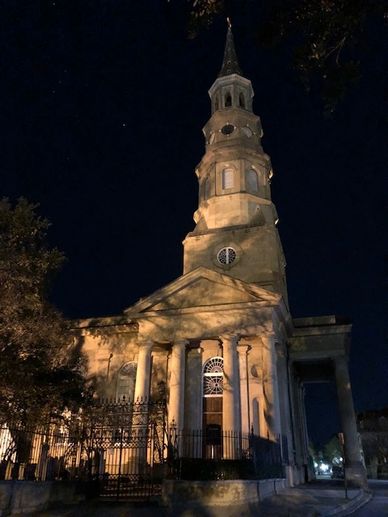 Historic St. Phillip's Church at night.
