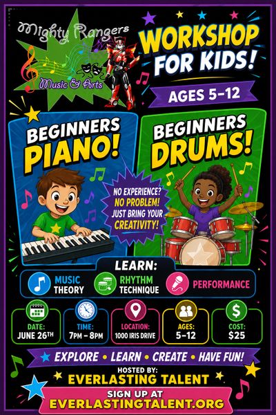 Colorful poster promoting piano and drum lessons for kids with fun, creative vibes.