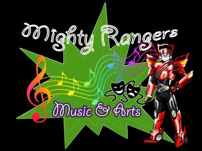Colorful Mighty Rangers Music &amp; Arts logo with a robot figure and musical notes.
