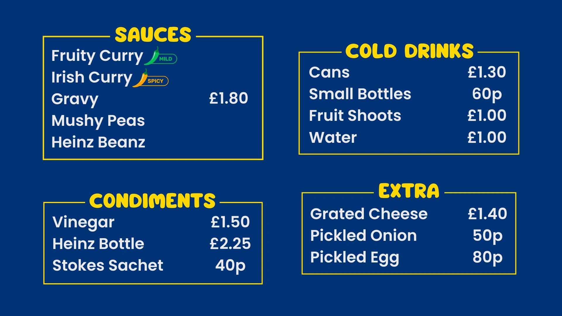 Menu sections for sauces, cold drinks, condiments, and extras with prices and spice indicators.
