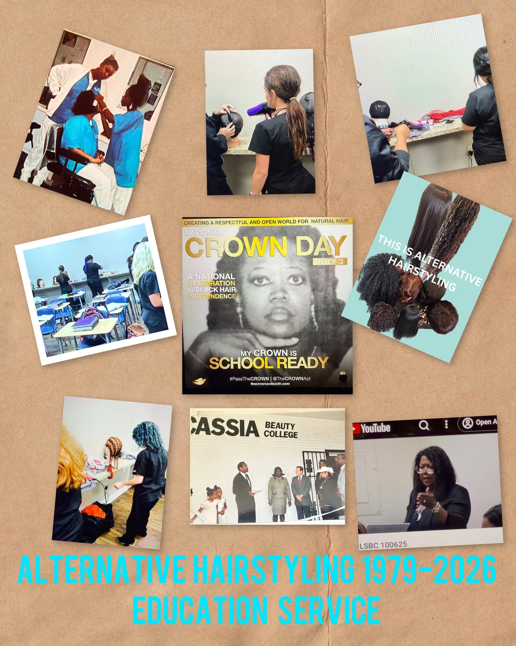 Collage showcasing alternative hairstyling education and celebration of natural hair.