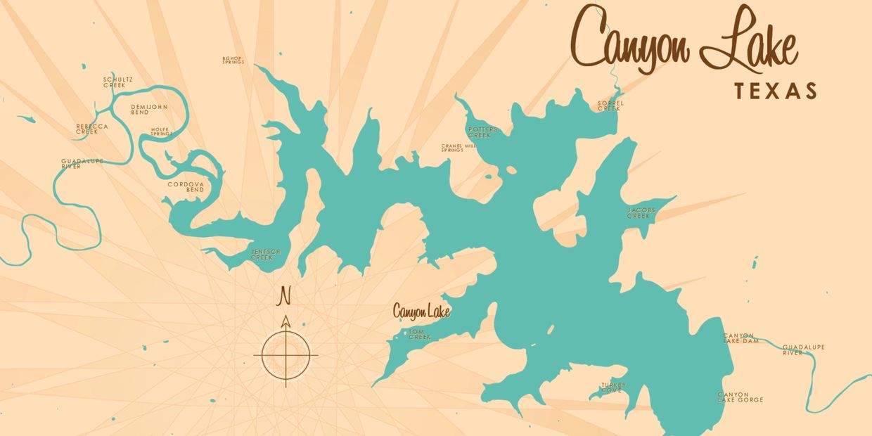 Stylized map of Canyon Lake, Texas, highlighting creeks and bends.