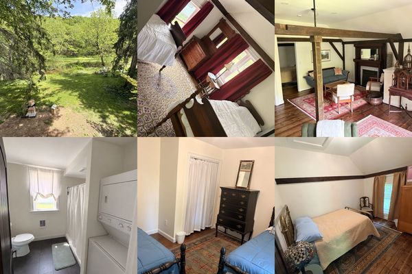 A collage showing a garden, cozy bedrooms, a living room, and a bathroom with laundry.